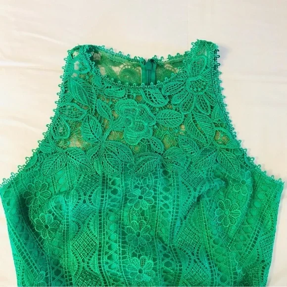 TADASHI SHOJI Jade Green Embroidered Lace Fluted Flare Midi Dress size 6P petite